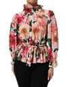 Dolce & Gabbana Pink Floral Printed Silk Ruffled Blouse Top