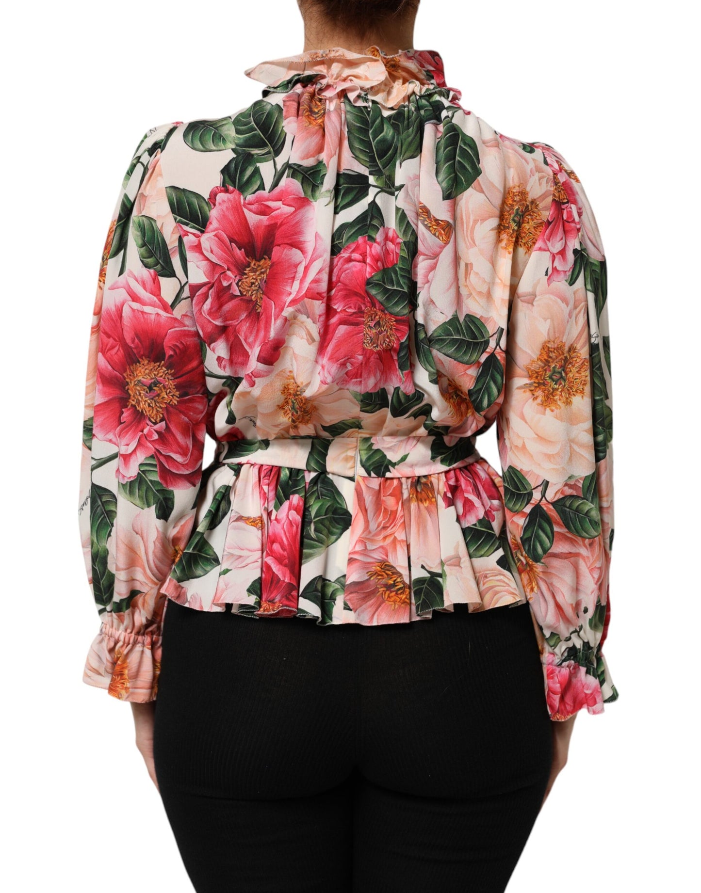 Dolce & Gabbana Pink Floral Printed Silk Ruffled Blouse Top