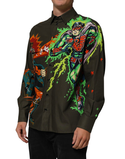 Dolce & Gabbana Brown Superhero Print Button Down Shirt