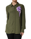 Boutique Moschino Top Green Acetate Collared Long Sleeves Floral Top