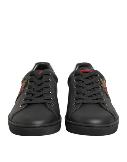 Dolce & Gabbana Black Leather Heart Embellished Sneakers Shoes