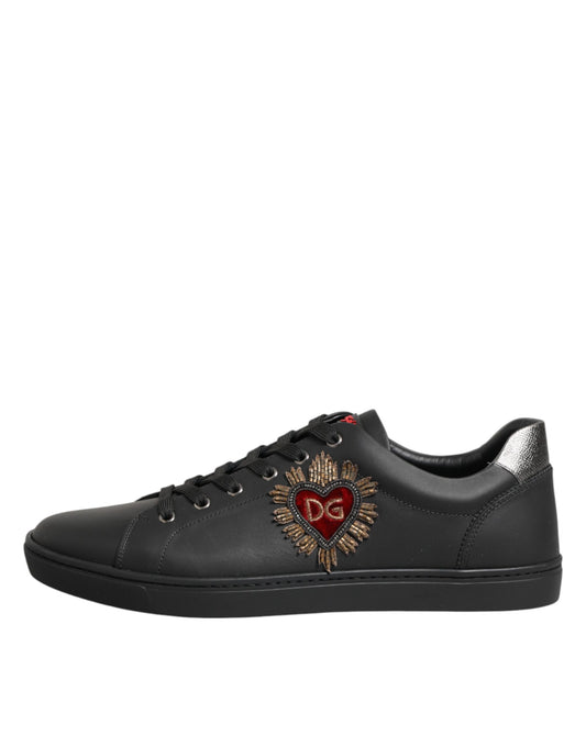 Dolce &amp; Gabbana Sorte Læder Sneakers Sko Med Hjerteudsmykning