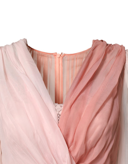 Dolce & Gabbana Pink Silk Tulle Long Sleeve V-neck Dress