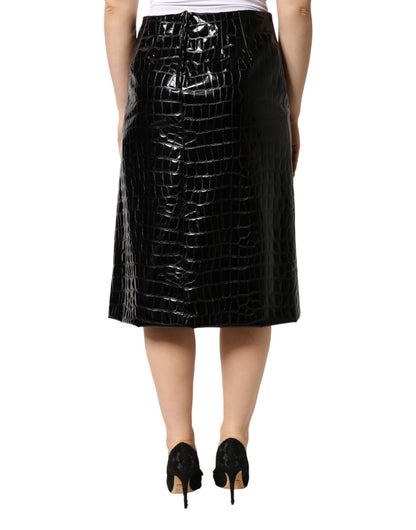Dolce & Gabbana Black Croc Faux-Leather Mid Waist Midi Skirt