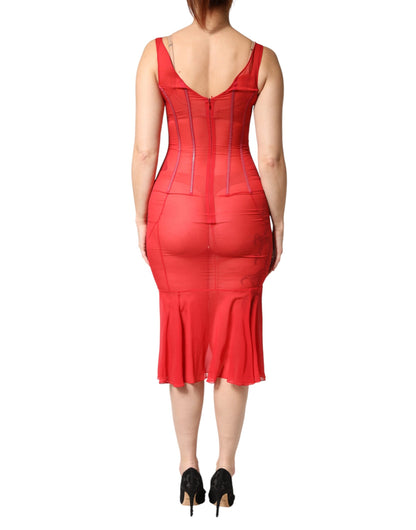 Dolce & Gabbana Red Silk Sleeveless Sheath V-neck Midi Dress